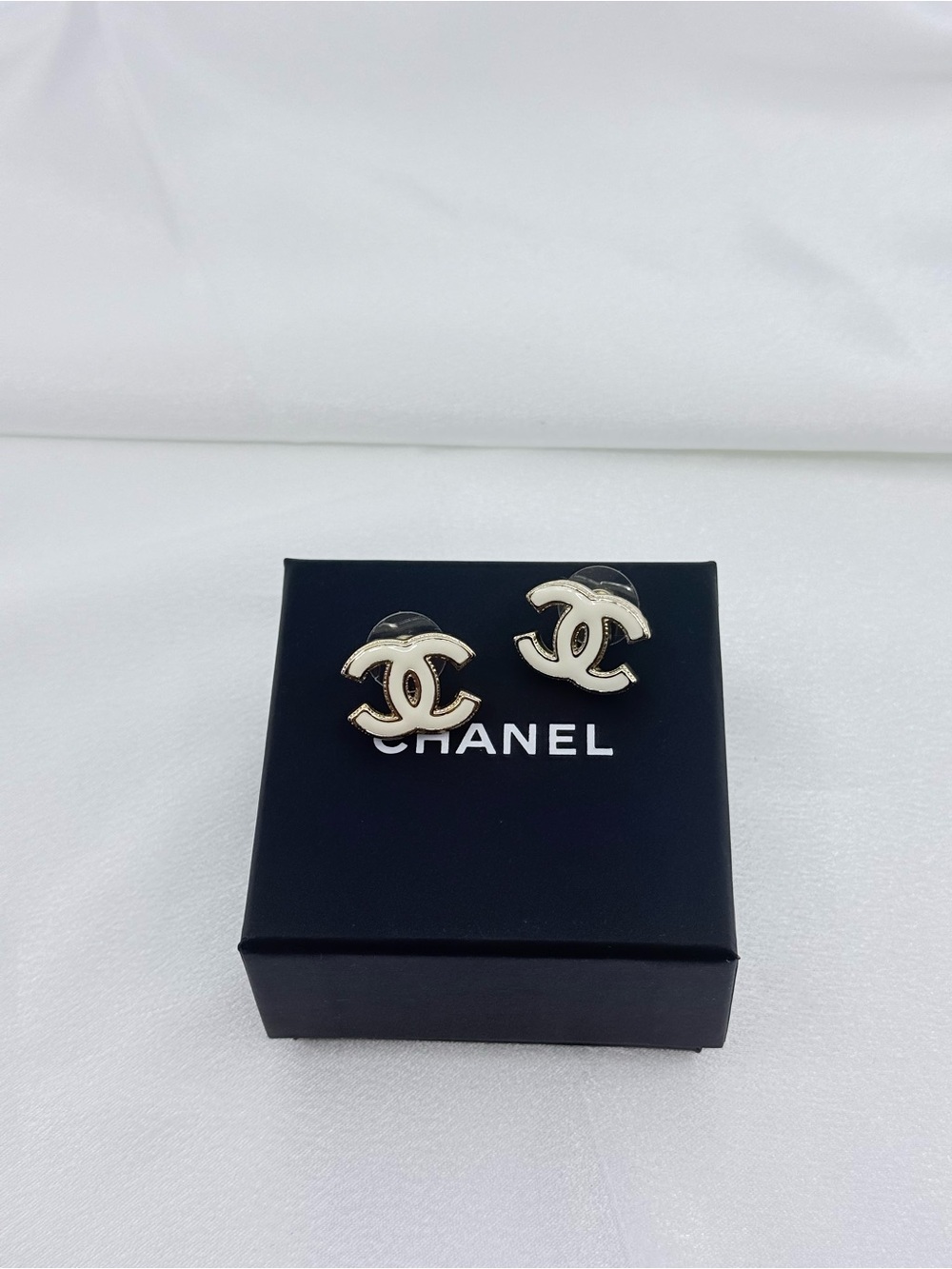 Chanel White and Gold Enamel Interlocking CC Stud Earrings
